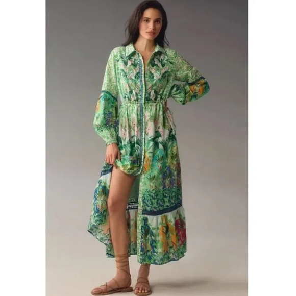 Anthropologie Long-Sleeve Printed Maxi Shirt Dress Jungle Print - Picture 6 of 14
